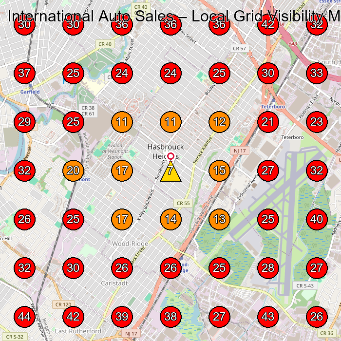 International Auto Sales GeoGrid visibility map for Used Car Dealer in Hasbrouck Heights